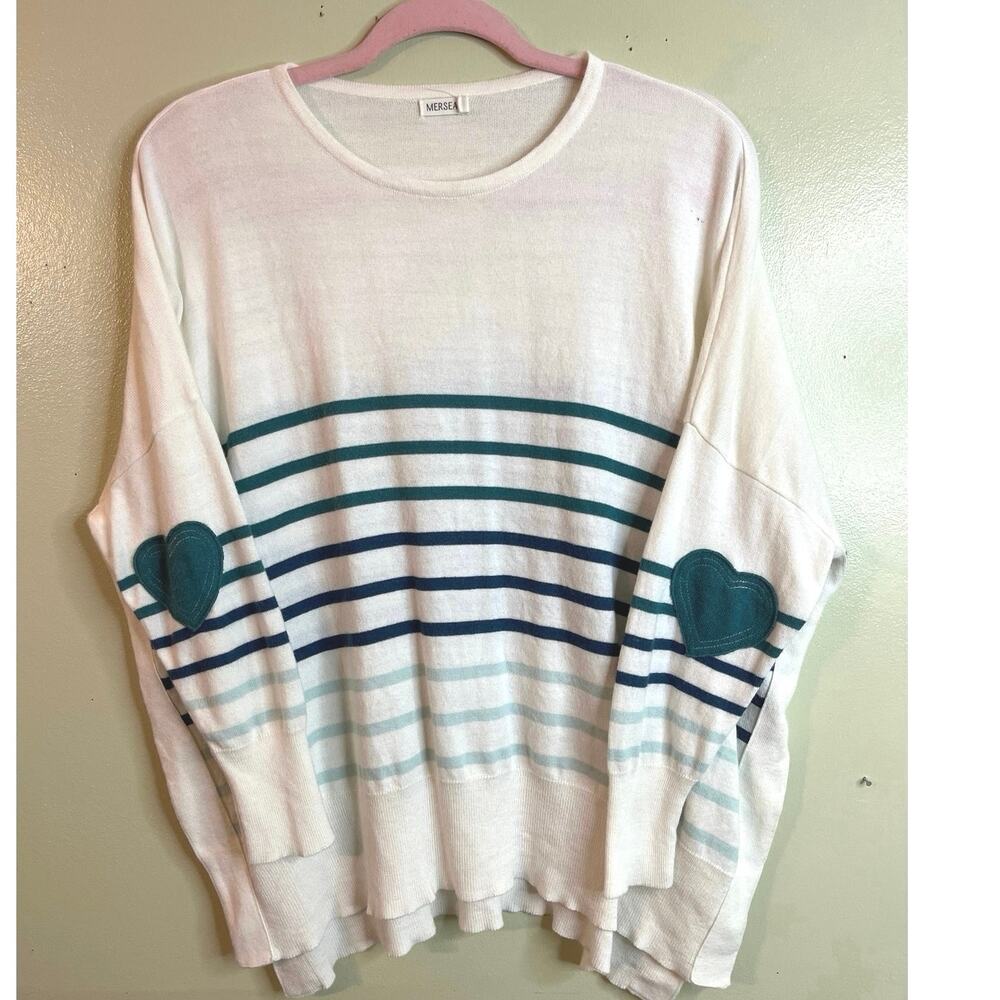 Mer-Sea The Amour Sweater Striped Oversized Knit Heart Elbow Side Slits One Size